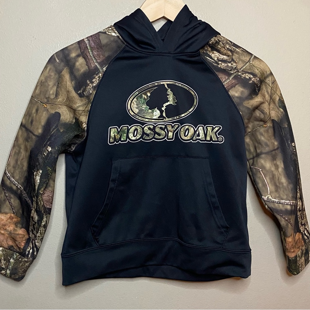 Mossy Oak Hoodie Boys Size 8 Black Camouflage Outdoors Pockets Spell Out